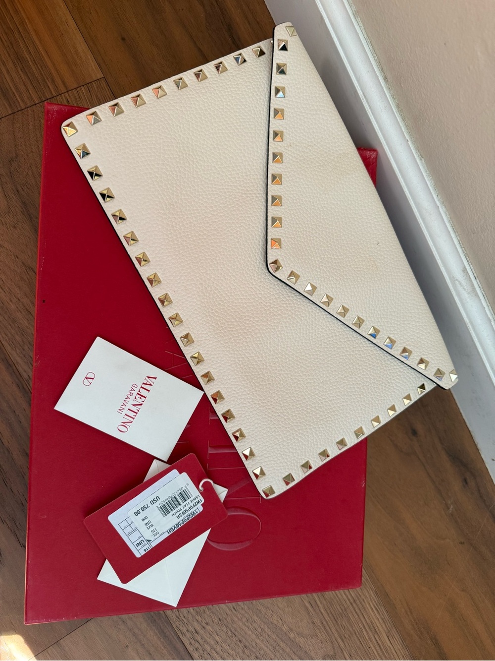 Valentino White Leather Envelope Clutch with Gold Pyramid Studs
